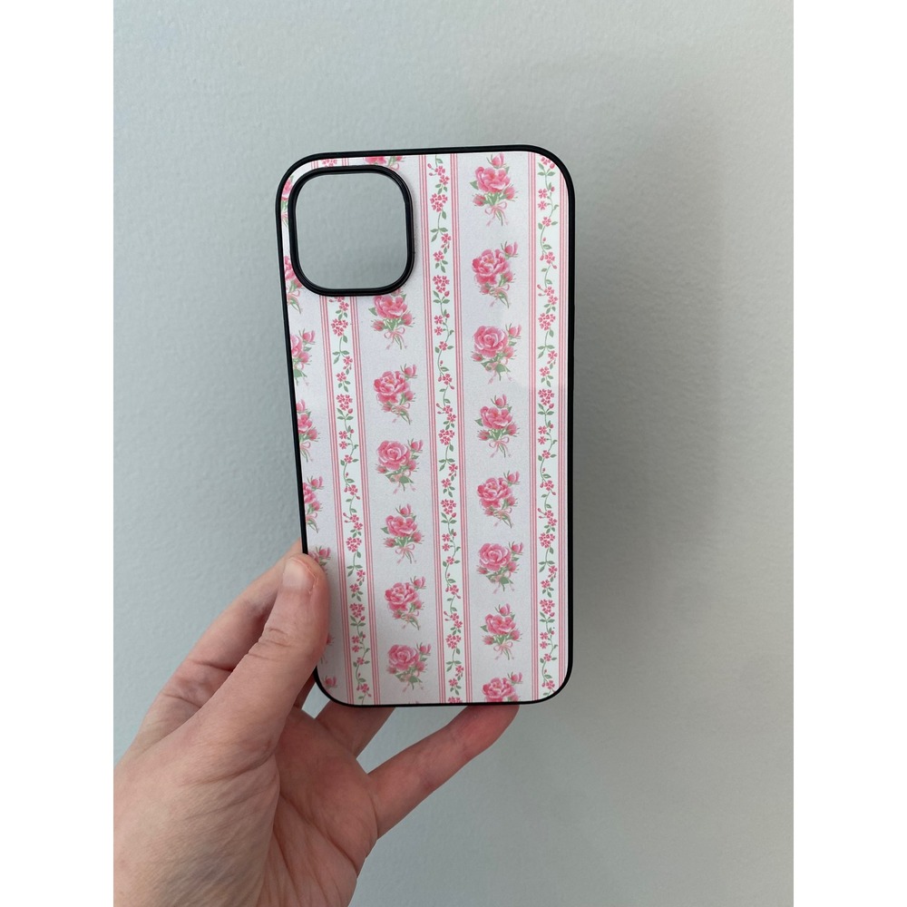 Unbranded Phone Case iPhone 15 Plus Pink White Floral Stripe Rose Aesthetic